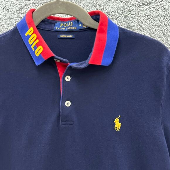 Polo Ralph Lauren Men's Medium Slim Fit Blue Polo Yellow Pony Colorful Collar 99 - Picture 3 of 9
